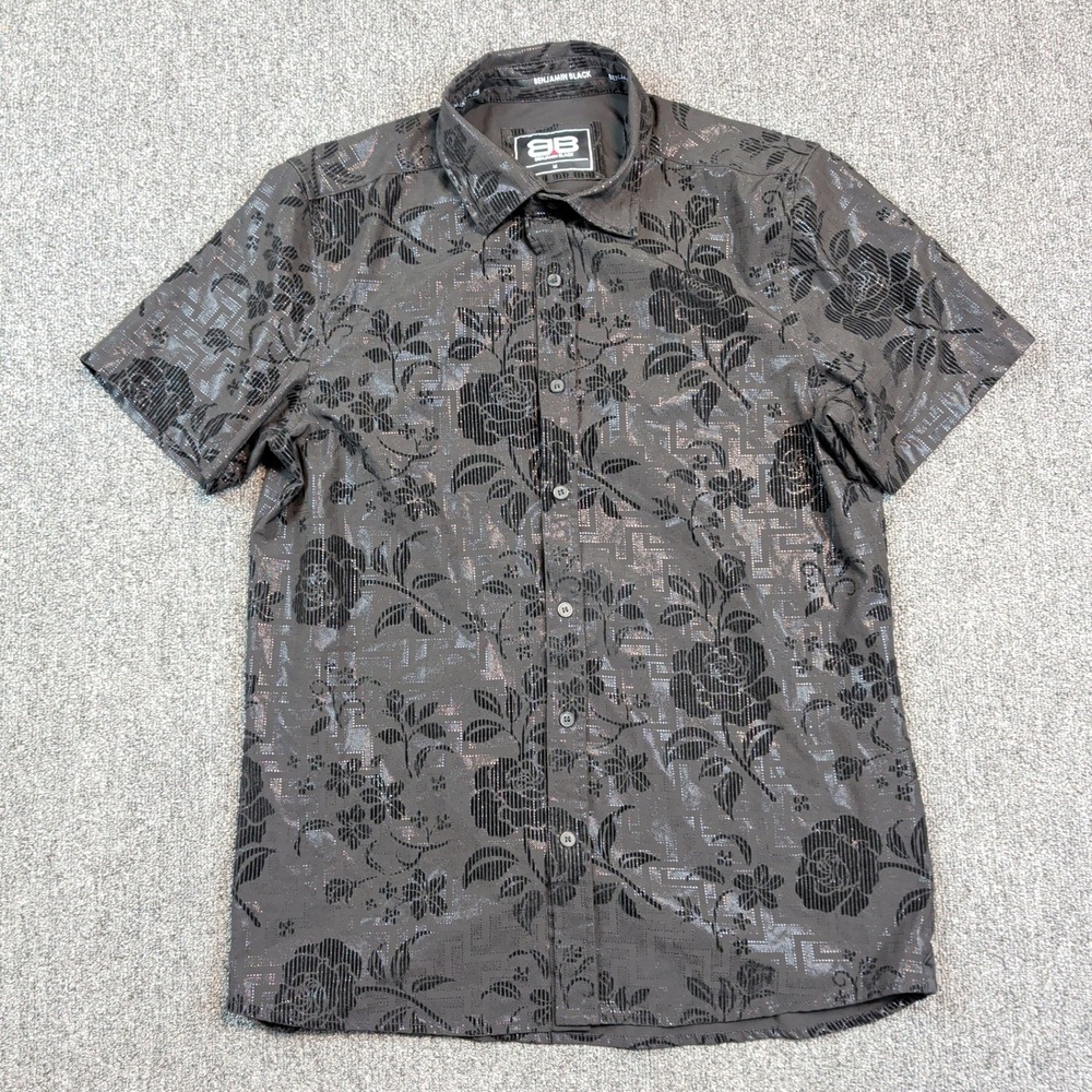 Benjamin Black Gothic Rose Button Down Shirt M Black Velvet Floral Streetwear